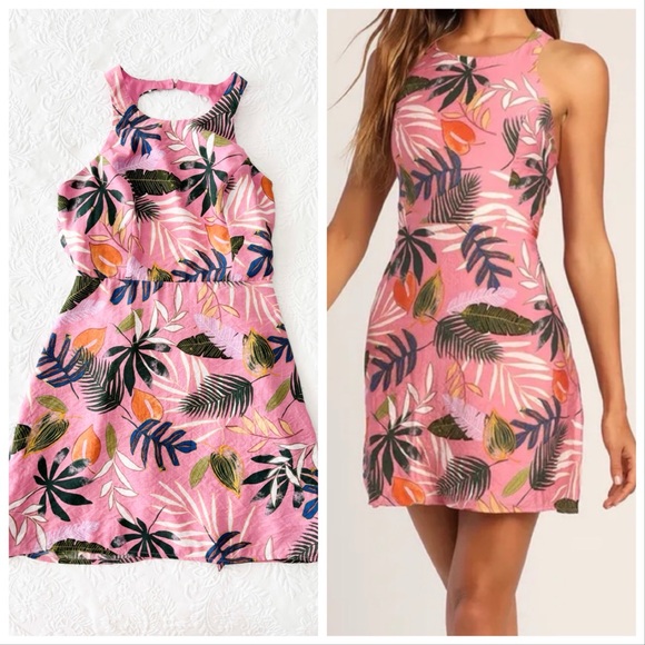 Lulus Dresses & Skirts - NWOT Lulus Exotic Escape Pink Tropical Print Sleeveless Tie-Back Mini Dress